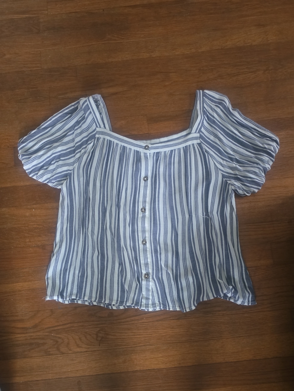 a.n.a Blue and White Striped Square-Neck Button Blouse